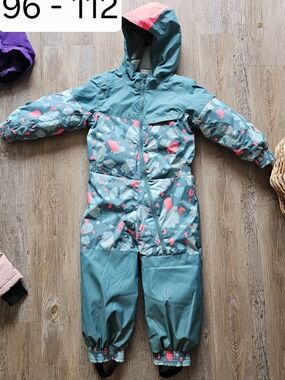 Kids Waterproof Hooded One-Piece Snow Suit - Teal with Pink Accents